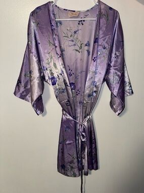 Vintage Angelique Satin Floral Kimono Robe Size L Purple Blue Green Tie Closure